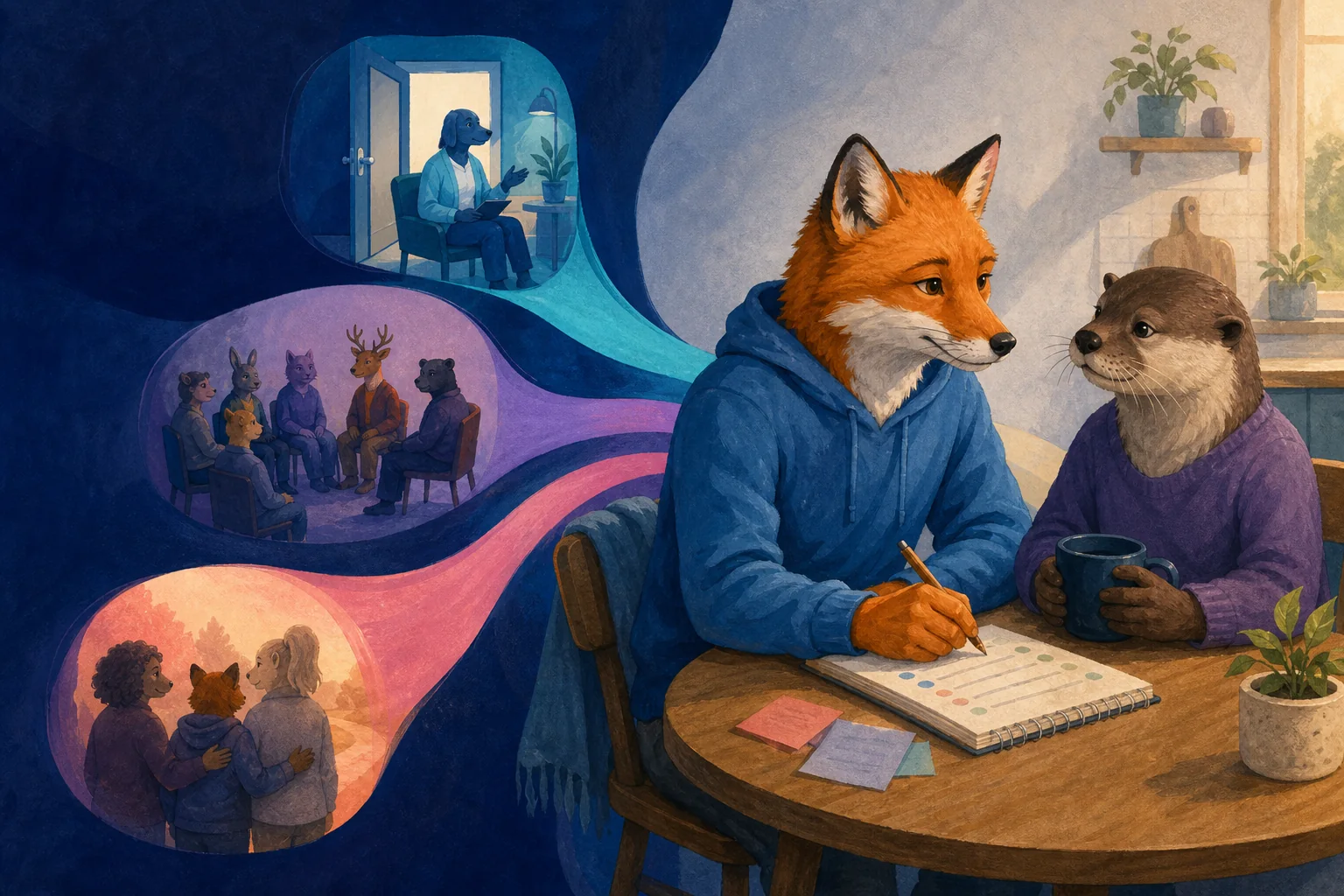 Two furry community members compare professional, peer, and family pathways for alcohol support