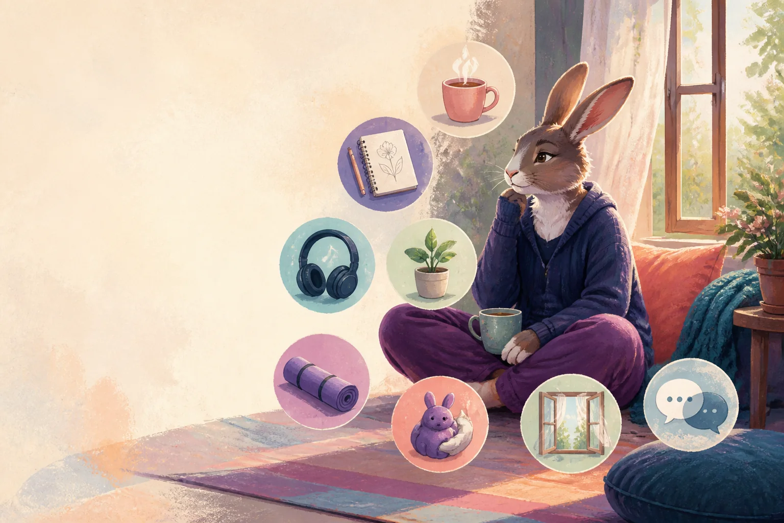 A furry community member chooses among accessible, low-pressure self-care activities